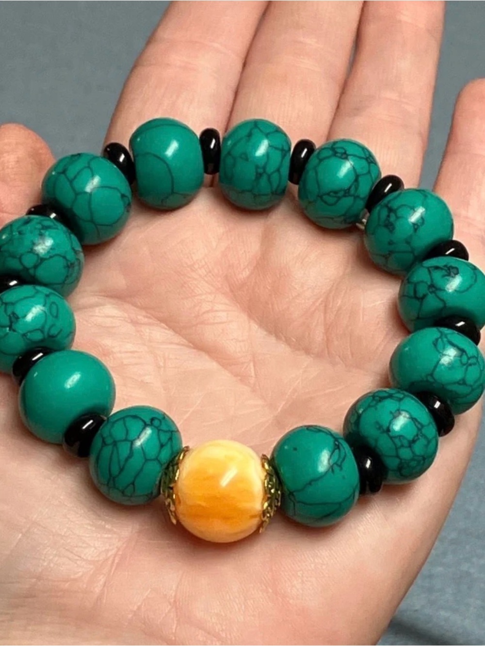 Vintage 167CT NATURAL Turquoise & Honey Wax 12MM Beaded Gemstone Bracelet